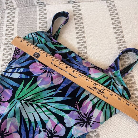 TYR One Piece Swimsuit Tropical Flowers Leaf Pattern Pink Purple Green - Picture 4 of 11